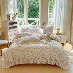 INS Floral Style Bedding Sets Ruffle Lace Bow Quilt Cover Romantic Bedclothes Decor Woman Girls Bedroom Duvet Cover 4pcs