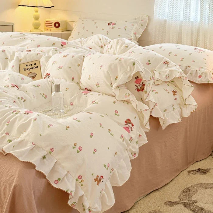 2025 Princess Style Bedding Sets Ruffle Lace Bow Quilt Cover Romantic Bedclothes Decor Woman Girls Bedroom Duvet Cover 4pcs