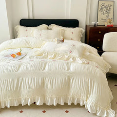 Korean Princess Style Lace Ruffles Wedding Bedding Set Seersucker Washed Cotton Soft Duvet Cover Set Bed Sheet Pillowcase 3/4Pcs