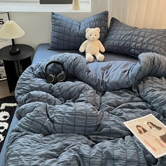 Bedding Set, Checkered Bubble Wash Cotton Quilt Set, Four Pieces, Ins Korean High Quality Bedding Sheet Set, Dormitory 3 Pcs