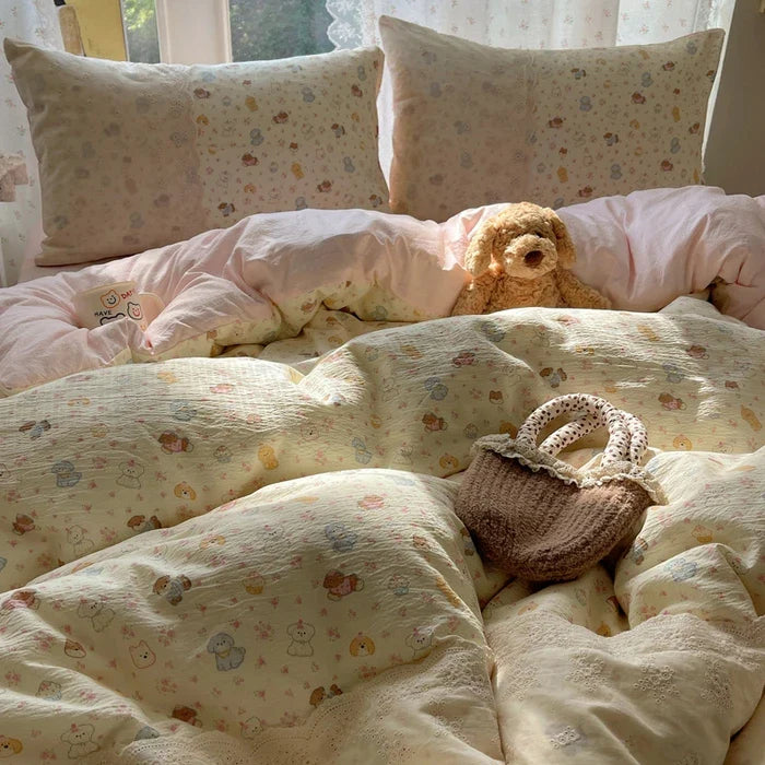 2025 new small floral cloud wrinkle double yarn bed four-piece set princess lace quilt cover three-piece bed sheet set