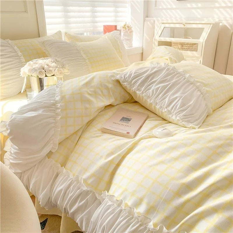 Korean Style Princess Bedding Set Luxury Pink Lattice Duvet Cover Ruffles Lace Bedspread Bed Sheet Pillowcases