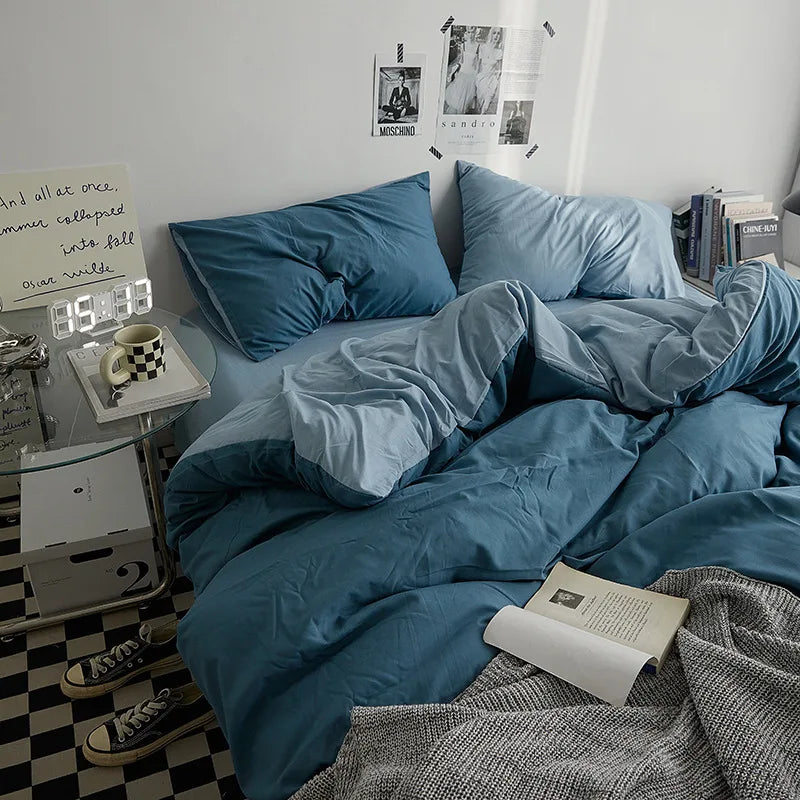 Bed Sheet Set Ins Style Double Color Washed Cotton   Bed Sheet Quilt Cover Sheet 3-piece Set Comforter Set Queen King Size