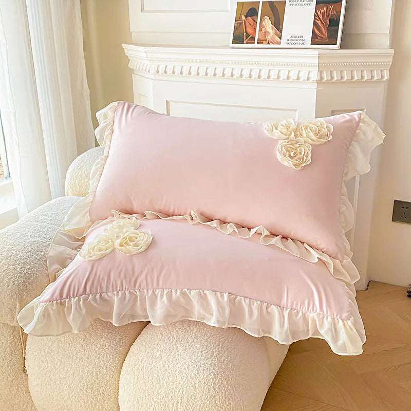 3Pcs Pink Skin-friendly Soft Three-dimensional Flowers Embroidery Lace Ruffles Princess Bedding Set Duvet Cover With Pillowcases