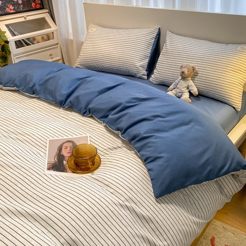 100% Cotton Plaid Geometric Bedding Set  Knit Bed Linens Sheet Pillowcase Home Textile Soft Bed Linen