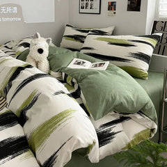 Ins Stripe Bedding Set Green Black Duvet Cover with Pillowcase Simple Quilt Cover Adults Single Double Full Size