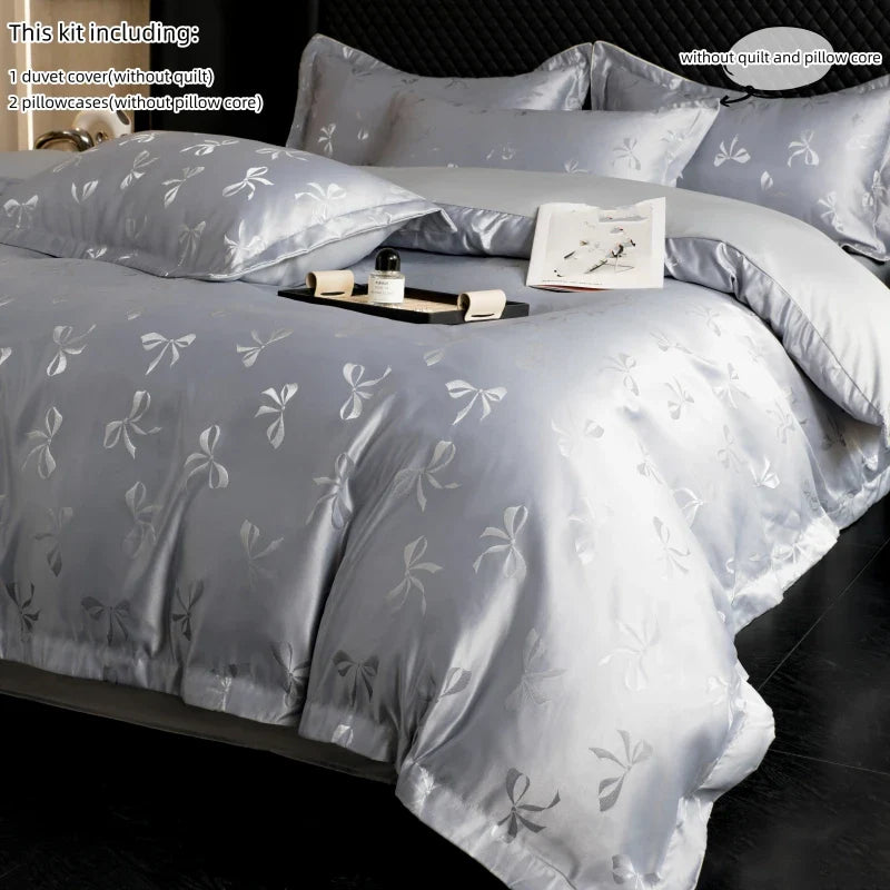 3pcs Cream color Duvet Cover Set (1*Duvet Cover + 2*Pillowcase, Without Core), bow jacquard Bedding Set
