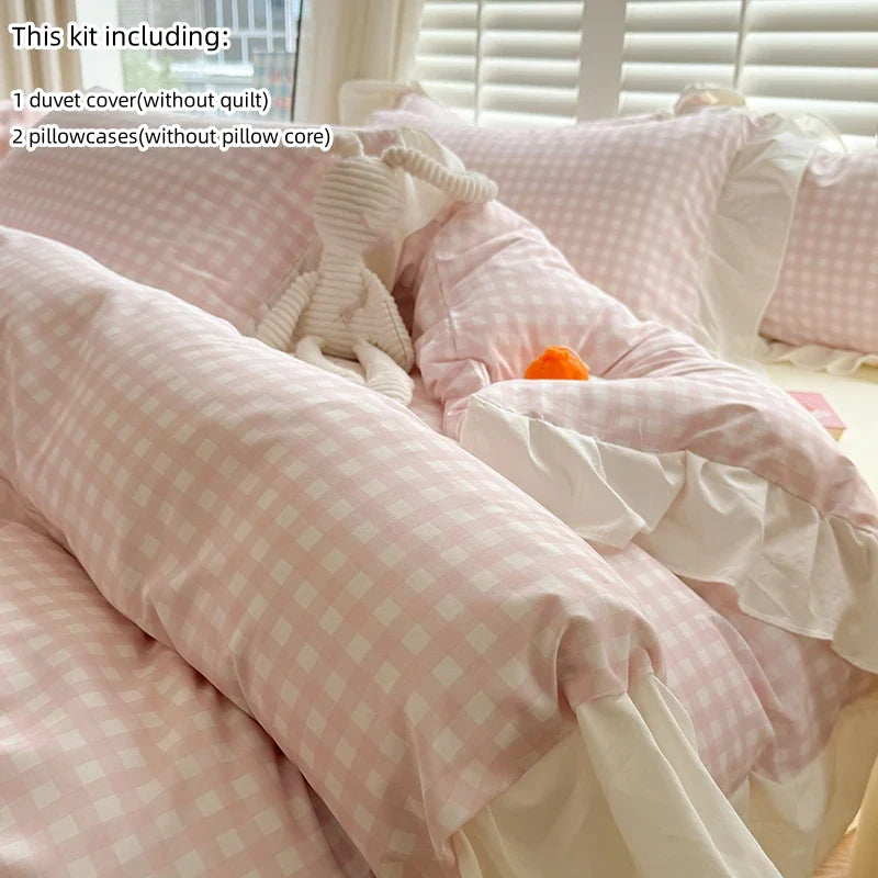 4pcs  Korean lace Duvet Cover Set (1*Duvet Cover +1 flat sheet + 2*Pillowcase, Without Core), Pink checkered print Bedding Set