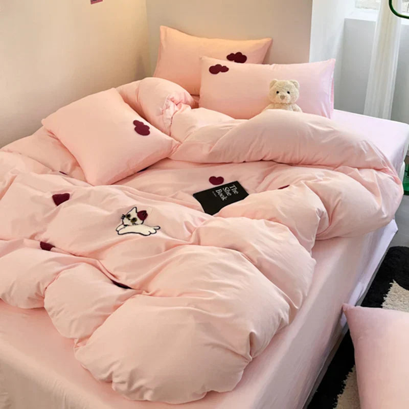 Super Soft Towel Embroidery Bedding Set Duvet Cover Queen Full Twin Size Bed Flat Sheet Kids Girls Quilt Cover Pillowcase Kawaii