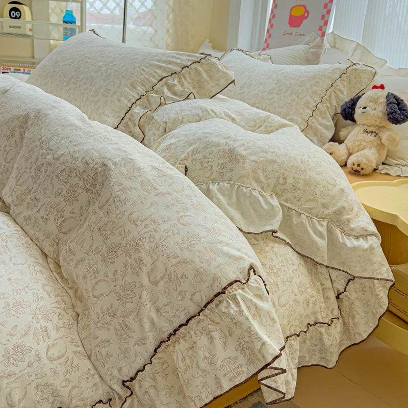 Korean Princess Style Floral Ruffles Bedding Set Washed Cotton Skin-friendly Soft Duvet Covers Set Bed Sheet Pillowcases 3/4Pcs