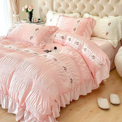 French Embroidered Lace Bubble Gauze Bedding Set Pink Elegant Princess Style Queen Duvet Cover Set Ruffled Comforter Cover Sets