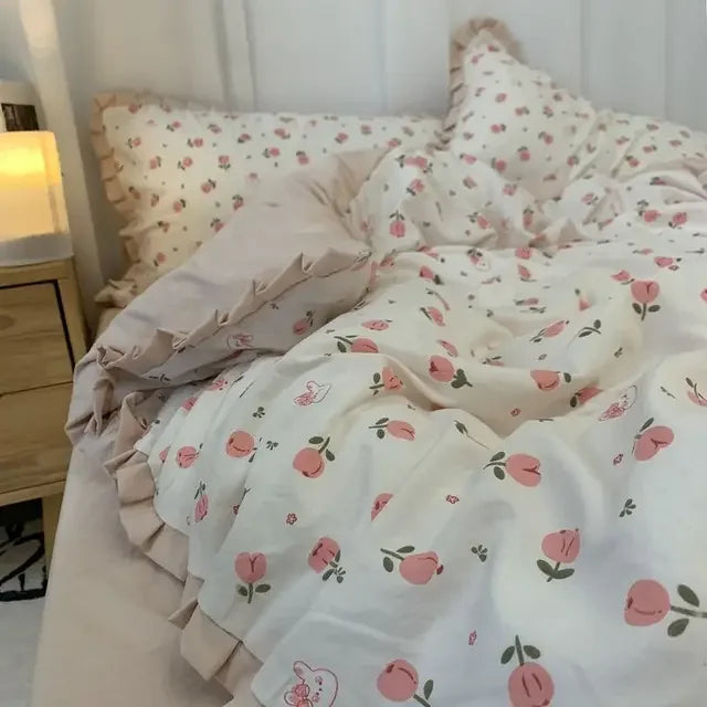 French Style Bedding Set Pastoral Colored Grape Double-layer Gauze Light Purple Washing Cotton Duvet Cover Bed Sheet Comforter