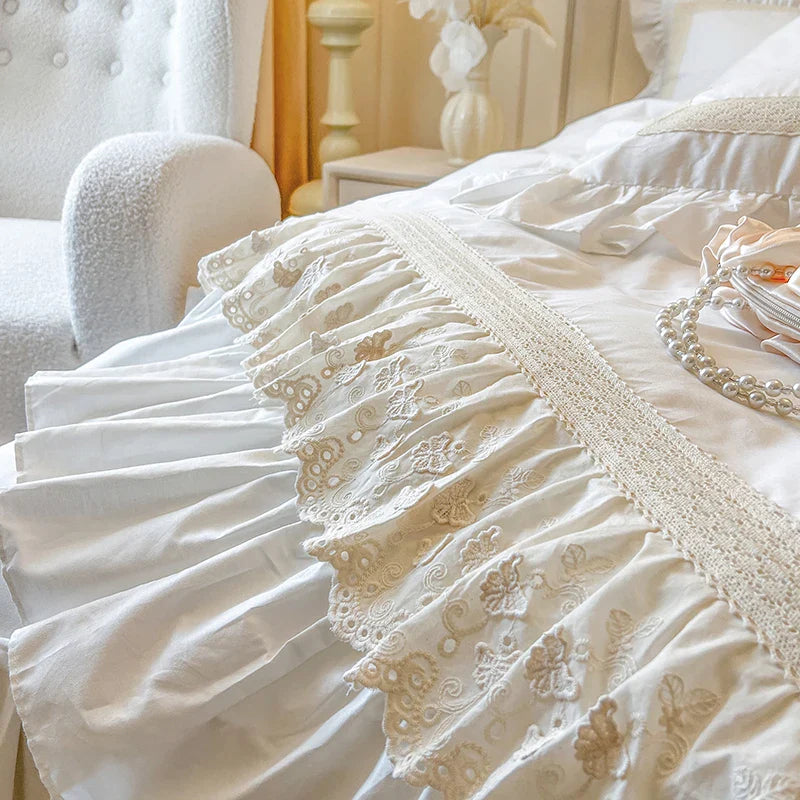 4/6Pcs Vintage French  Double Layer Ruffles Princess Wedding 100% Cotton Bedding Set Duvet Cover Bed Skirt Bedspread Pillowcases