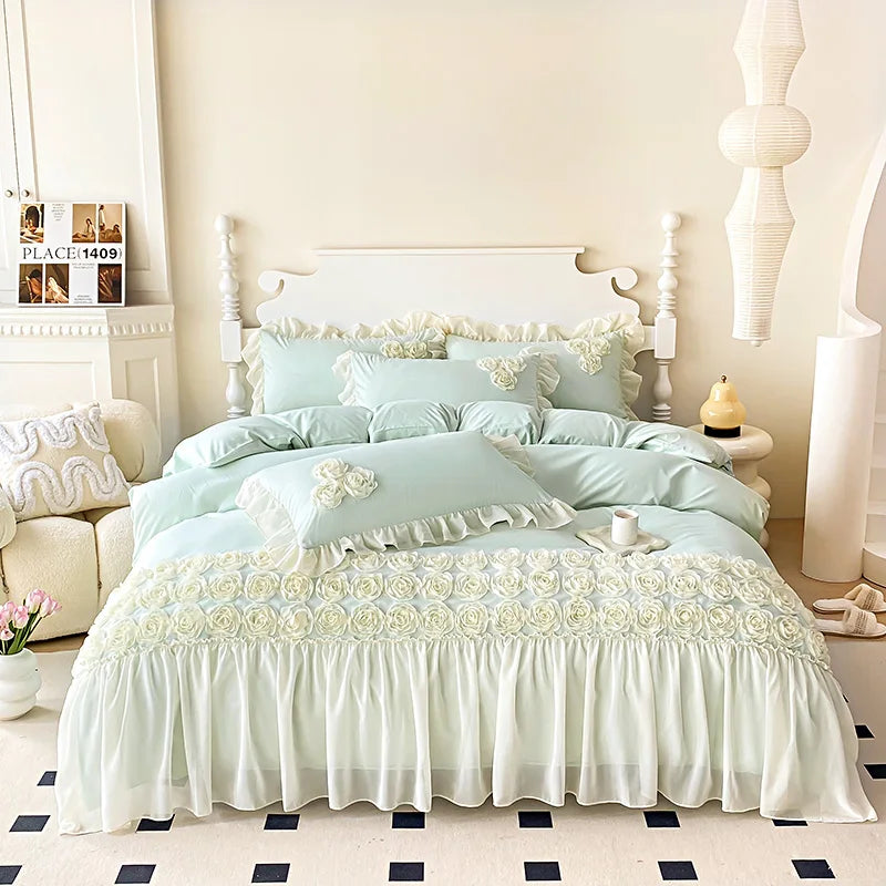 3Pcs Pink Skin-friendly Soft Three-dimensional Flowers Embroidery Lace Ruffles Princess Bedding Set Duvet Cover With Pillowcases