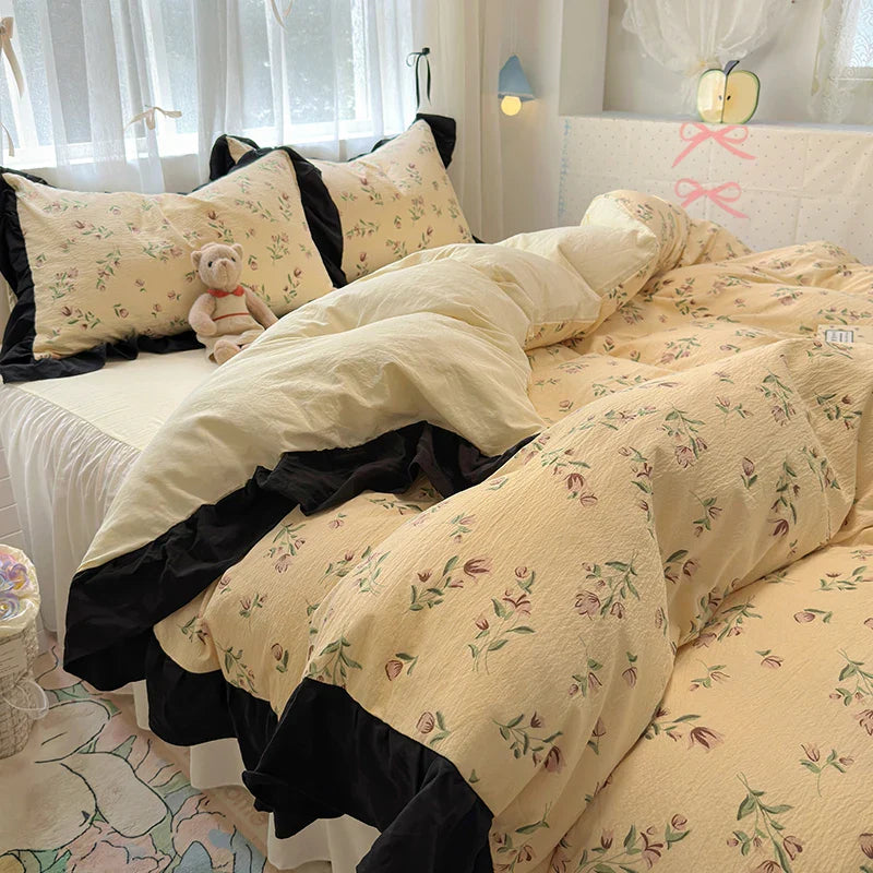 Bedding Set Korean Style New  Small Floral Water Washed Cotton Lace Duvet Cover Set Queen Size
