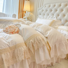 4/6Pcs Vintage French  Double Layer Ruffles Princess Wedding 100% Cotton Bedding Set Duvet Cover Bed Skirt Bedspread Pillowcases