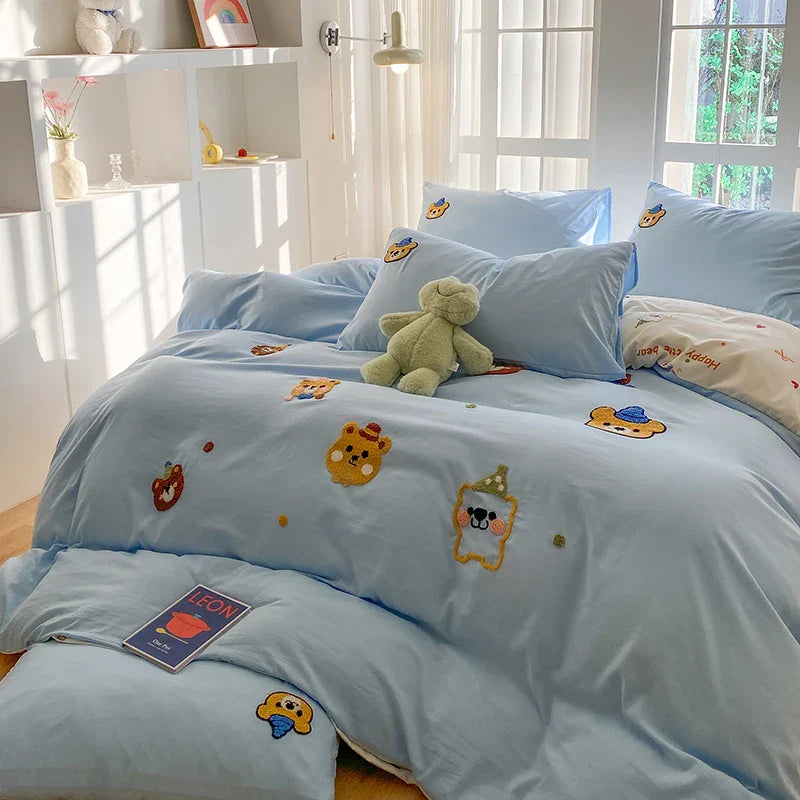 Bedding Set Ins Blue Pink lovely embroidery Mixed With Washed Cotton Minimalist Four Piece Set Fitted Sheets Duvet Cover