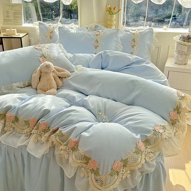2025 New INS Princess Style Bedding Sets Ruffle Lace Bow Quilt Cover Romantic Bedclothes Woman Girls Bedroom Duvet Cover 4pcs