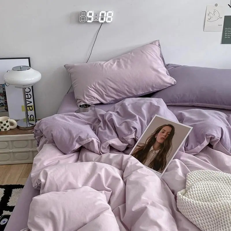 Korean Solid Purple Bedding Set Soft Flat Sheet Duvet Cover Pillowcase Polyester Bed Linen Twin Queen Full Size Quilt Cover Set