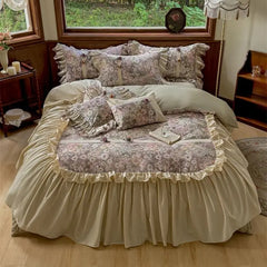 4/5Pcs Vintage French Style Flowers Pleated Lace Ruffles Bedding Set Egyptian Cotton Duvet Cover Bed Skirt Bed Sheet Pillowcases