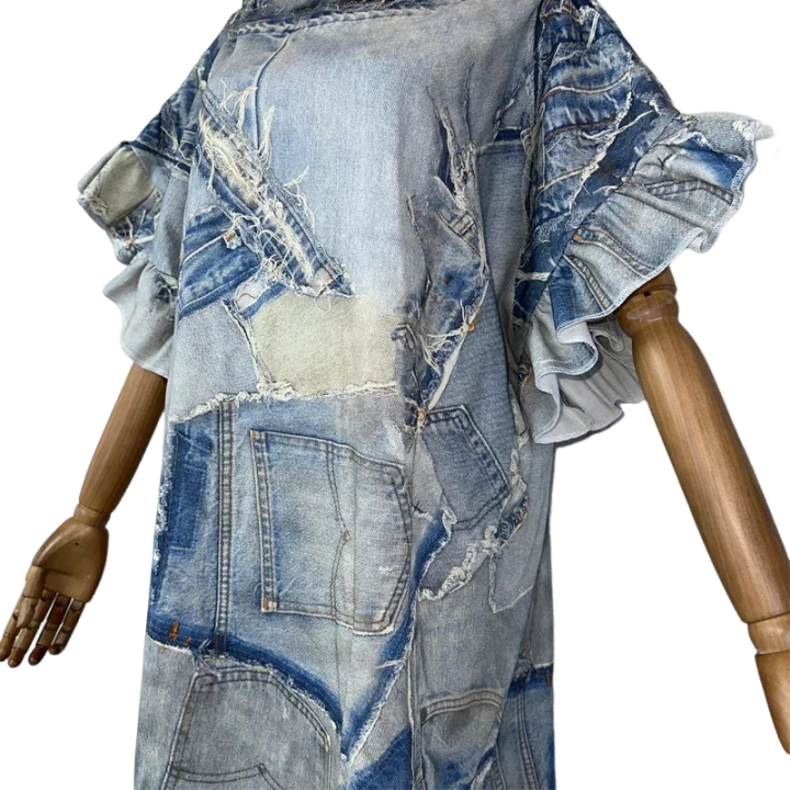 Denim Patchwork Print Kaftan Dress - WINI