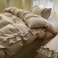 Ins Princess Bedding Set Double Layer Lace Simple Solid Duvet Cover Soft Wash Cotton 4pcs For Girl Spring Home Textiles