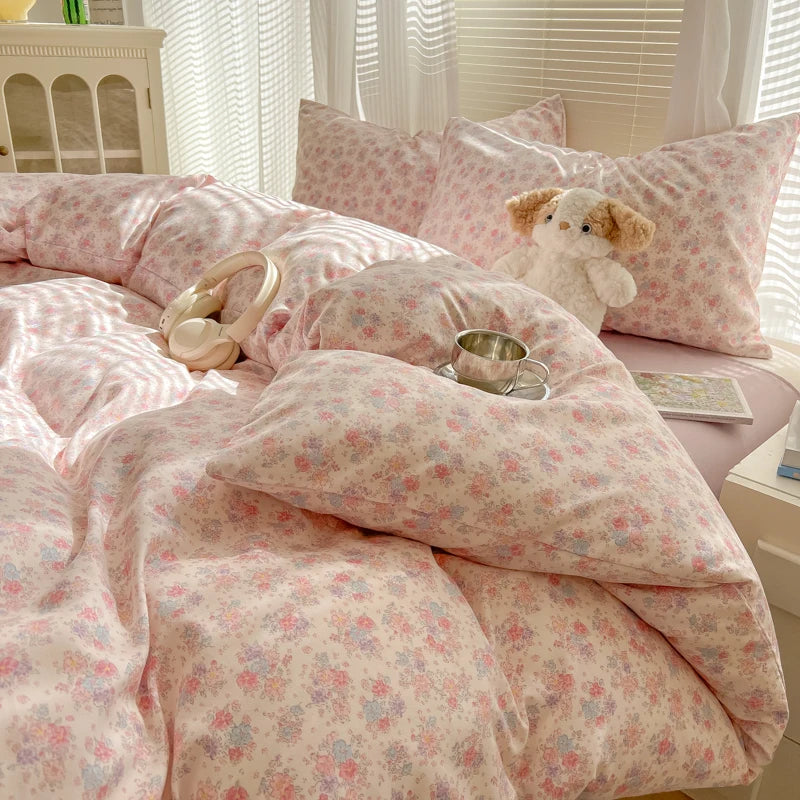 Duvet Set Double Yarn Four-piece Set Class A Aerobic Knitted Cotton Printed Love Bed Cover Skin Friendly Breathable Bedding