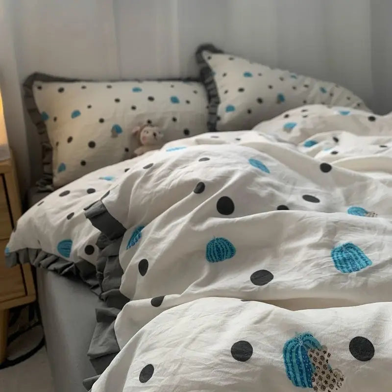 French Style Bedding Set Pastoral Colored Grape Double-layer Gauze  Light Purple Washing Cotton Duvet Cover Bed Sheet Comforter