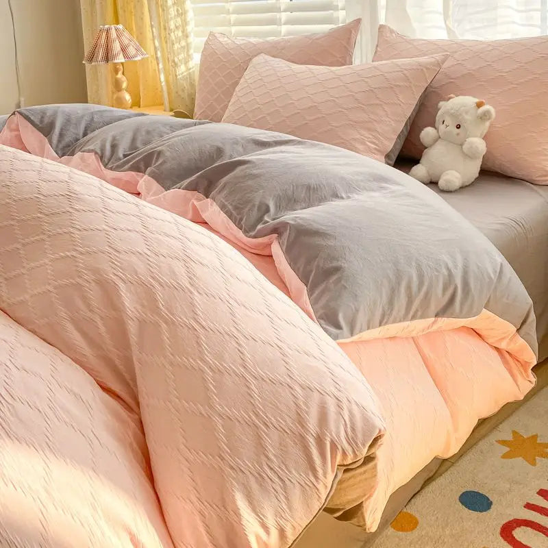 Argyle Jacquard Bedding Set Duvet Cover Pillowcases Flat Sheet Washed Cotton Solid Color Bed Linen Duvet Cover Set