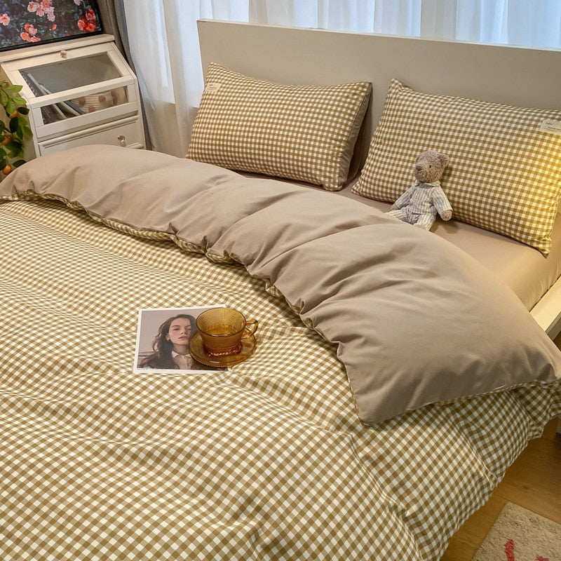 100% Cotton Plaid Geometric Bedding Set  Knit Bed Linens Sheet Pillowcase Home Textile Soft Bed Linen