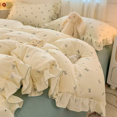 2025 Princess Style Bedding Sets Ruffle Lace Bow Quilt Cover Romantic Bedclothes Decor Woman Girls Bedroom Duvet Cover 4pcs