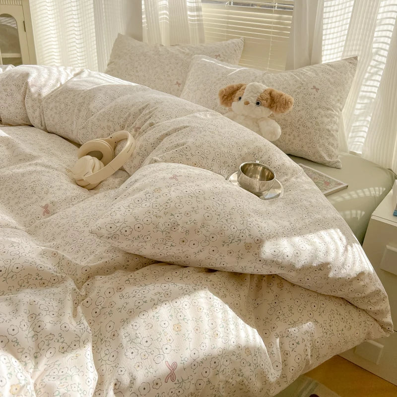 Duvet Set Double Yarn Four-piece Set Class A Aerobic Knitted Cotton Printed Love Bed Cover Skin Friendly Breathable Bedding