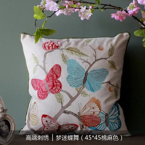 45x45cm Throw Pillows Cotton Linen Flower Embroidery Pillowcase Cover Sofa Car Cushion with Core Home Decor for Living Room
