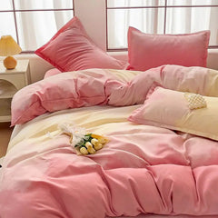 INS Gradient Color Bedding Set Adult Girl Fashion Duvet Cover Soft Washed Cotton Quilt Cover Flat Bed Sheet Pillowcase