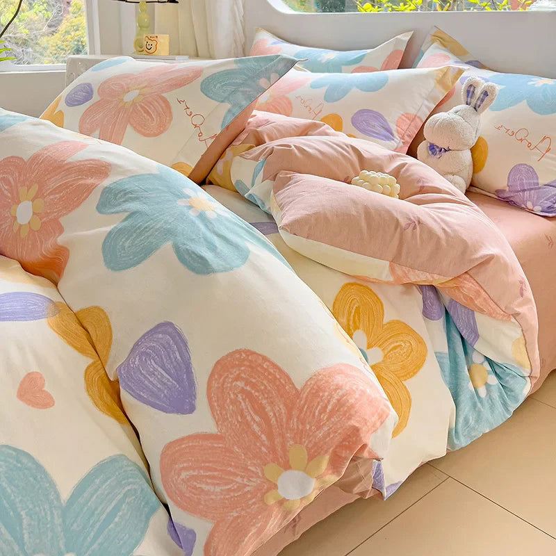 2025 Hot Flora Style Bedding Set Princess Printed Four Piece Set Flowers  Bed Sheet Set Duvet Cover Queen King Size Home Decor