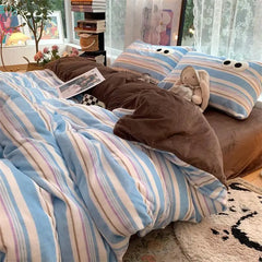 Small Fresh Ins Big Blue Stripes Winter Warm Four-piece Bedding Set Quilt Cover Milk Velvet Bed Sheet Farai Velvet Three-piece