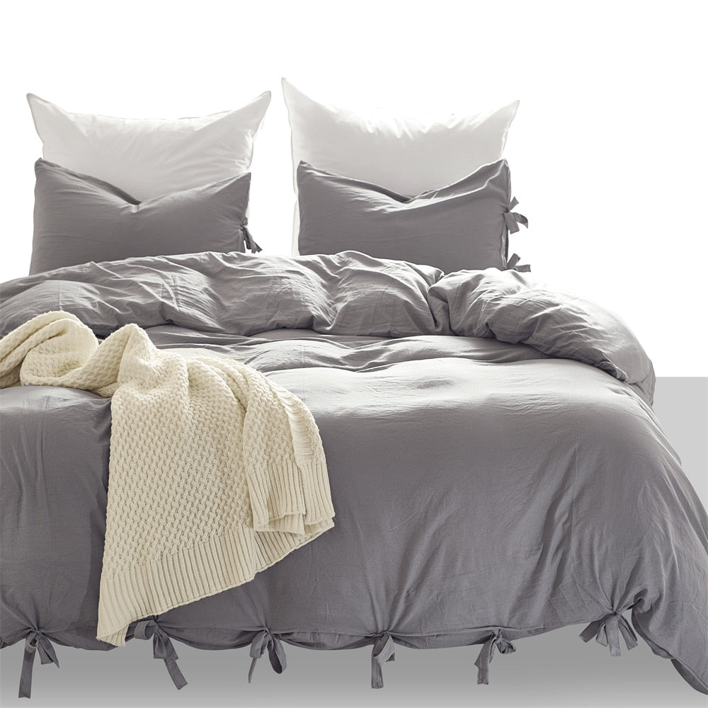 Unique Lace Up Design Thickened Washed Cotton Queen Bed King Size Bedding Sets Duvet Cover with Pillowcases No Sheets