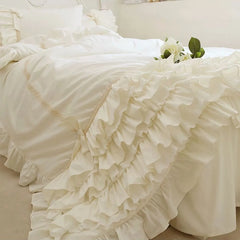 Beige Ruffle Duvet Cover 100% Cotton Cloth Bedding King Duvet Cover Lace Bed Princess Quilt Case Duvet Set Bag in A Bed
