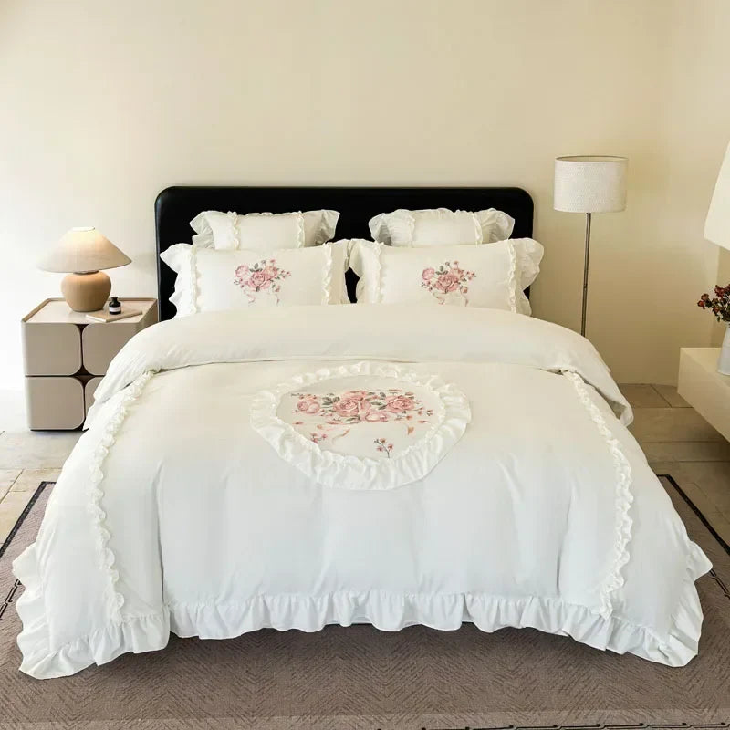 4Pcs Rose Flowers Embroidery Bedding Set Double King Queen Size Pink Girls Bedroom Duvet Cover Flat/Fitted Bed Sheet