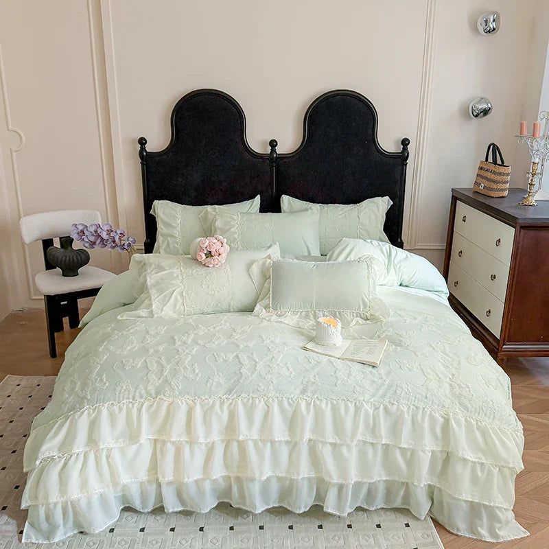 2025 Cotton Princess Bedding Sets Queen Butterflies Embroidered Chiffon Lace Elegant Soft Flat Sheet With Pillowcases 4PCS
