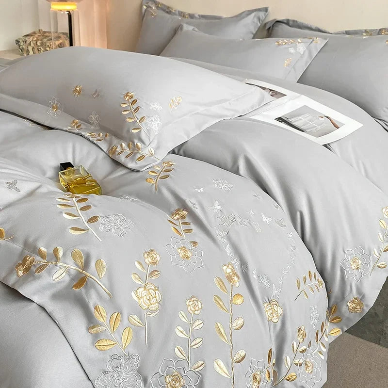 4pcs/set Light Luxury 120s Pure Cotton Floral Embroidered Quilt Cover Pillowcases Fitted Sheet Skin-friendly Naked Bedding Set