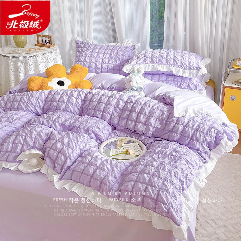 Luxury Seersucker Washed Cotton Bedding Set INS Girls Princess Bedding Set with Lace Solid color Bedclothes Sheets Pillowcase