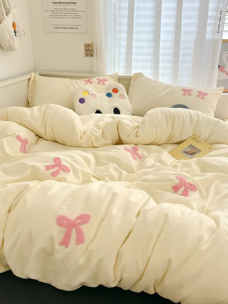 Ins Style Girl Blue 1.5m/1.8m Fitted Sheet Bow Towel Bedding Set Embroidery Washed Cotton Four-piece Set Bed Sheet Three-piece