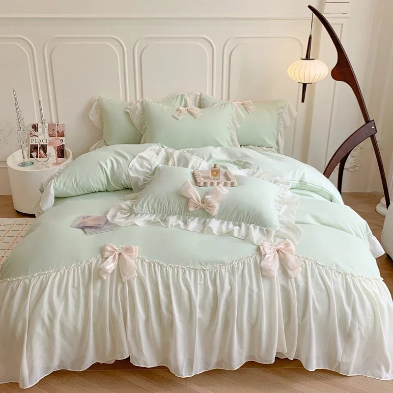 Chiffon Lace Bedding Set Pink France Romantic Princess Wedding Ruffles Bow Soft Duvet Cover Bed Sheet Pillowcases Home Textile