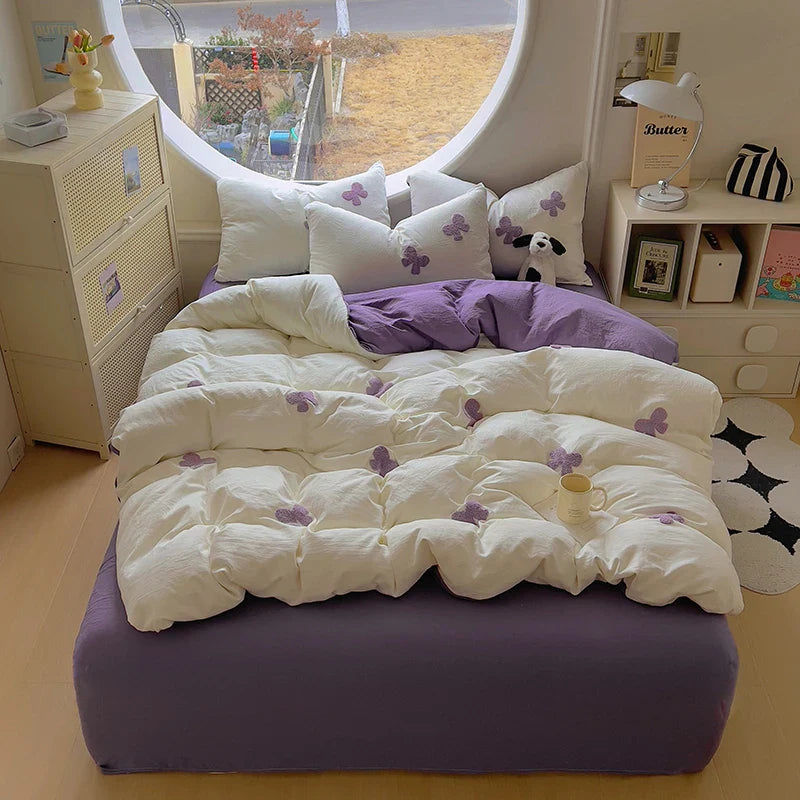 3pcs Duvet cover set (1*Duvet Cover + 2*Pillowcase, Without Core), Butterfly knot yarn embroidery Bedding Set, Soft Comfortable
