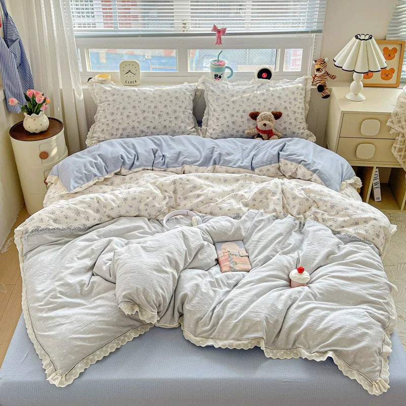 2025 New Bedding Set INS Princess Soft Bed Flat Sheet Set Twin Queen Double Size Cotton Lace Duvet Cover Pillowcase Bed Linen
