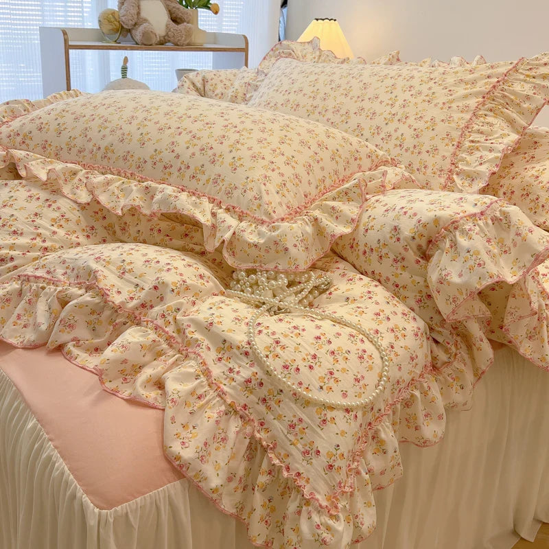 2/3Pc Korean Princess Style Floral Ruffles Bedding Set Single Queen Size Soft Skin-friendly Washed Cotton Duvet Cover Pillowcase
