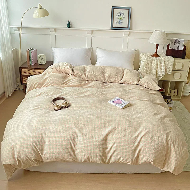 2025 New All-cotton Washed Cotton Single Quilt Set Printed Plaid Duvet Cover 150x200 220x240 Skin Friendly Bedding