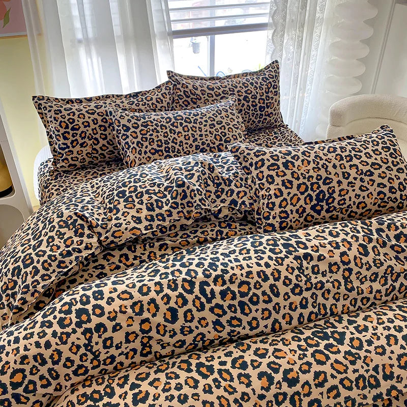 3pcs Leopard Pattern Duvet Cover Bedding Set Double Queen Size, Microfiber Soft Quilt Cover with Pillowcases, Girls Room Decor