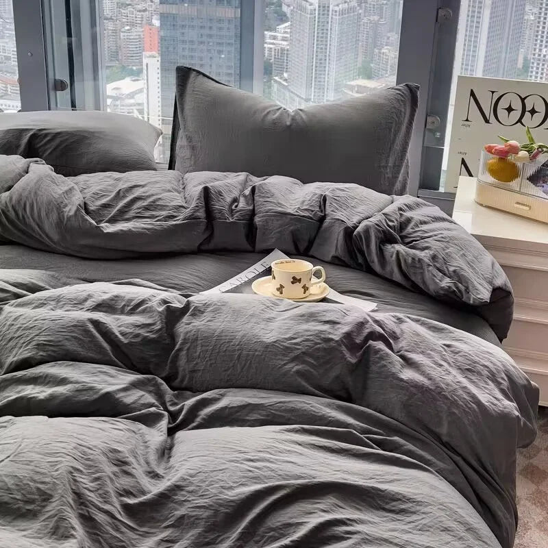 Washed Cotton Bedding Set,Bed Sheet Set, Linen Feel, Super Soft, Comfortable, 4-Piece Duvet Cover Set, Durable and Easy Care